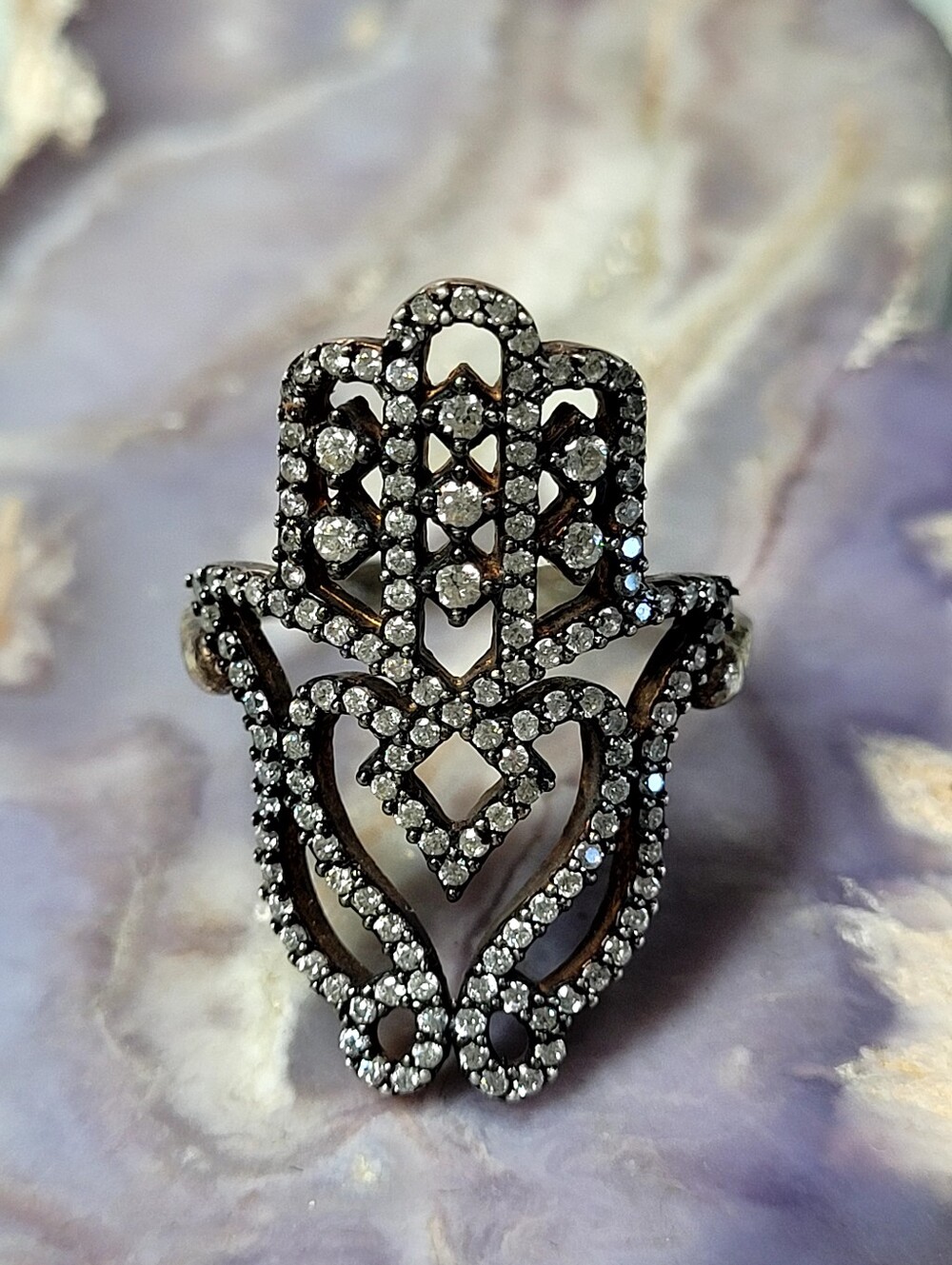 Hamsa-Inspired Openwork Ring with Clear Crystals - Silver